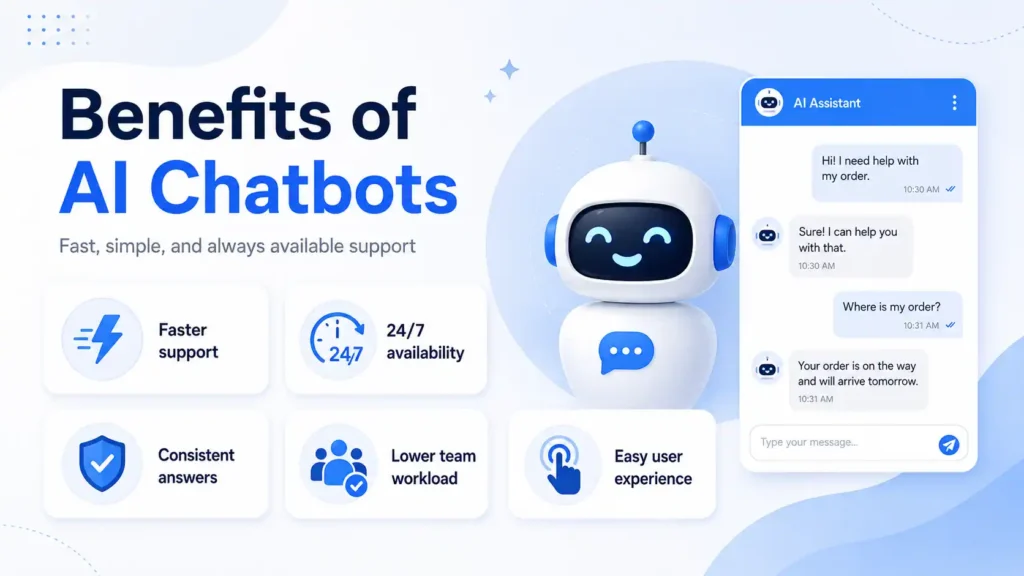 Benefits of AI chatbots showing faster support, 24/7 availability, consistent answers, lower workload, and easy user experience