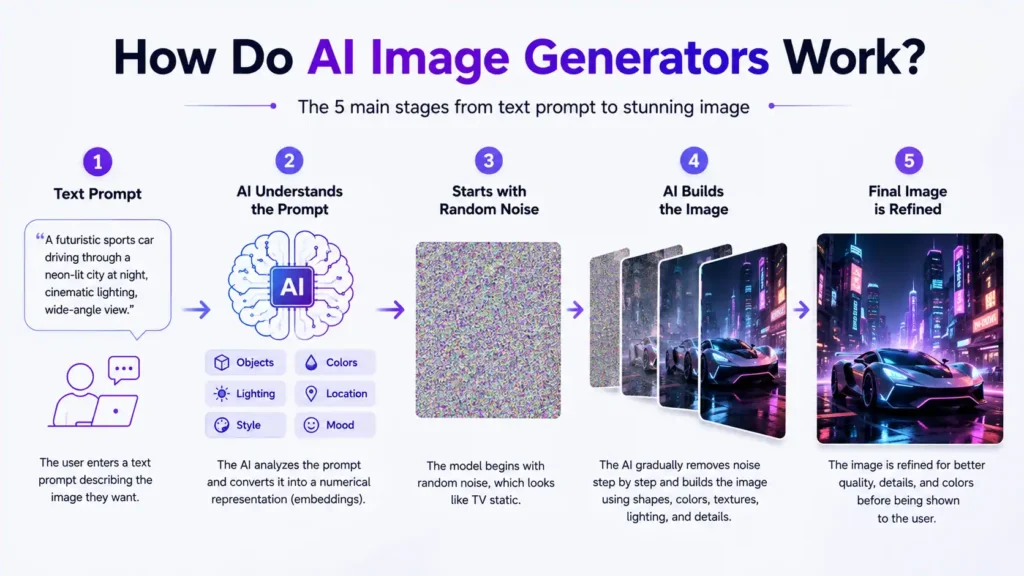 Infographic showing the five-step process of how AI image generators convert text prompts into realistic AI-generated images using diffusion models and deep learning.