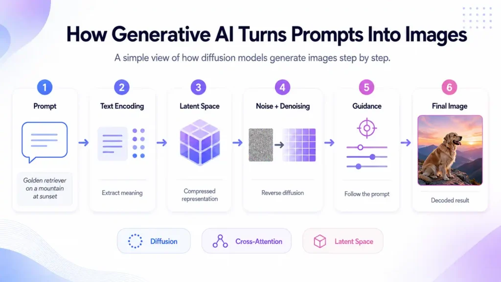 How generative AI turns prompts into images using diffusion, latent space, denoising, and guidance