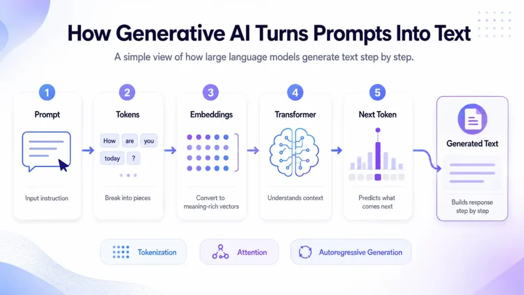 How generative AI turns prompts into text through tokenization, embeddings, transformer processing, and next-token prediction