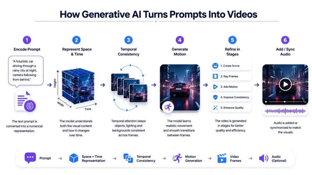 How generative AI turns prompts into videos using temporal consistency, motion generation, and audio synchronization