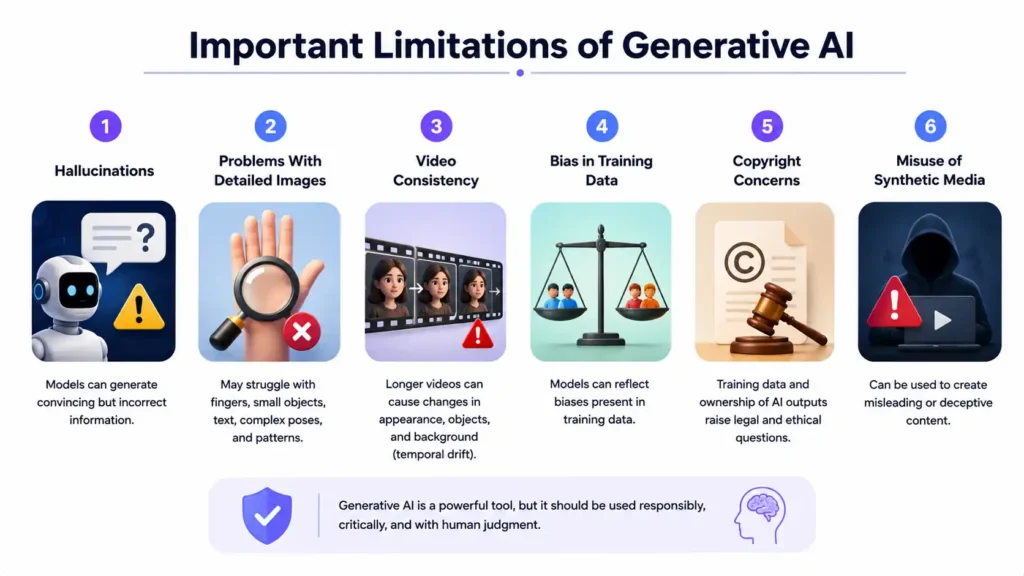 Important limitations of generative AI including hallucinations, image errors, video inconsistency, bias, copyright concerns, and synthetic media misuse