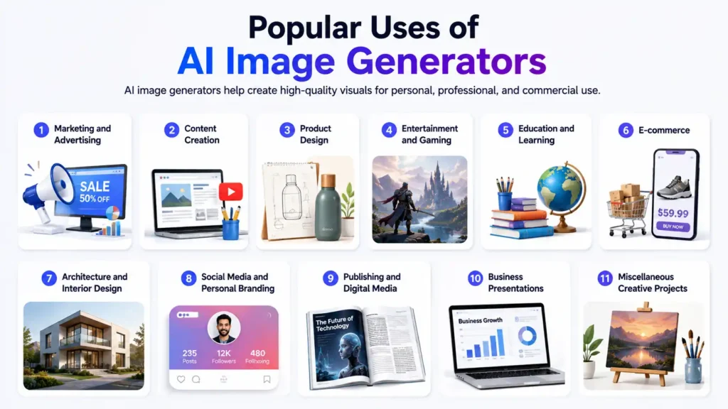 Infographic showing the most popular uses of AI image generators across marketing, content creation, product design, education, e-commerce, architecture, and business.