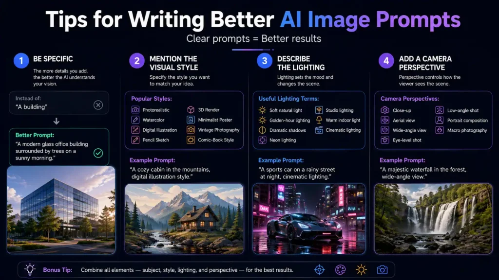 Infographic showing tips for writing better AI image prompts by adding specific details, visual styles, lighting, and camera perspectives.