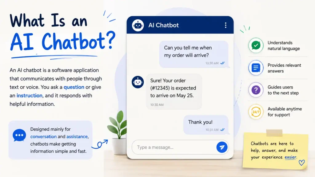 What is an AI chatbot infographic showing how chatbots understand questions, provide answers, and assist users