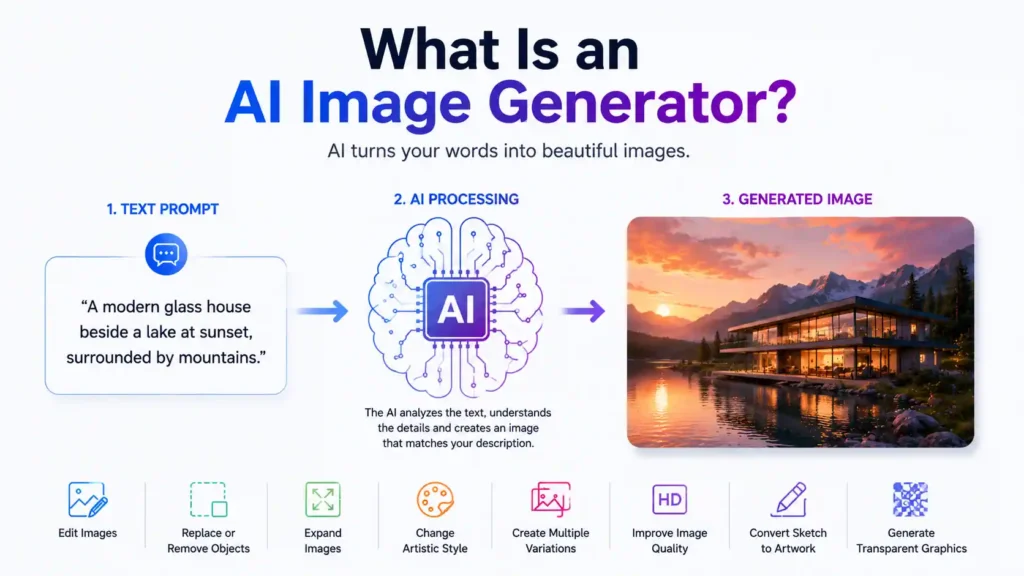 Infographic explaining what an AI image generator is and how it converts a text prompt into an AI-generated image using artificial intelligence.